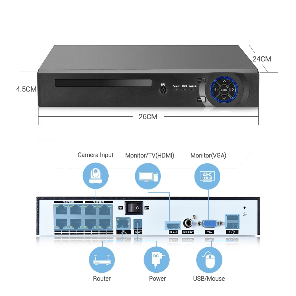 4K 울트라 HD POE NVR 시스템, 8CH 48V POE 카메라 키트, 방수 오디오 녹음, 모션 감지, 컬러 나이트비전 H.265