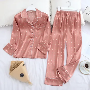 

Lady Turn-down Collar 2PCS Sleepwear Soft Dot Pajamas Suit Loose Shirt&Pants Casual Nightwear Sleep Set Lougne Home Clothing