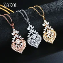 ZAKOL, 3 цвета, Роскошная большая огранка маркизы, Блестящий CZ цирконий, цветок, подвеска и ожерелья для женщин, свадебные украшения для невесты, FSNP2033