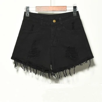 

Womens Denim Shorts Classic Vintage High Waist Dark Blue Wide Legs Female Casual Summer Shorts Hole Elastic Ladies Denim Shorts