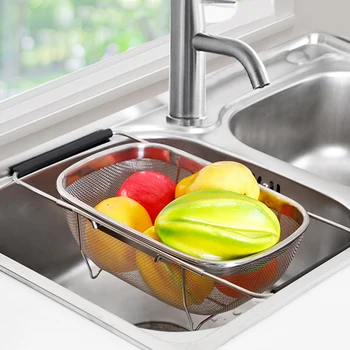 

Restaurant Sink With Handles Stainless Steel Large Capacity Colander Durable Vegetables Household Fruits Retractable Water Drain