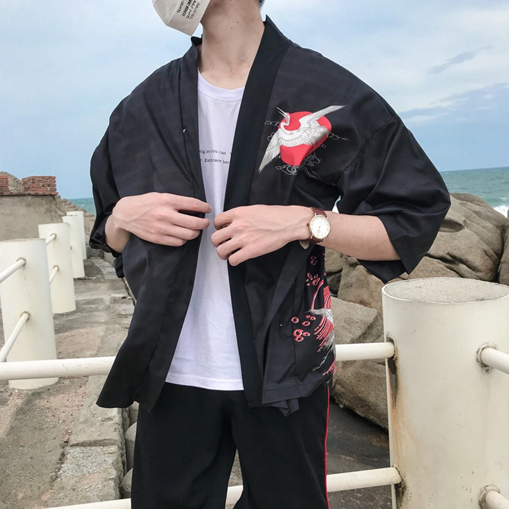 

Casual Style Men Print Short Sleeve Summer Autumn Loose Kimono Jackets Cardigan Short Sleeve Tops Sunscreen Coat Black