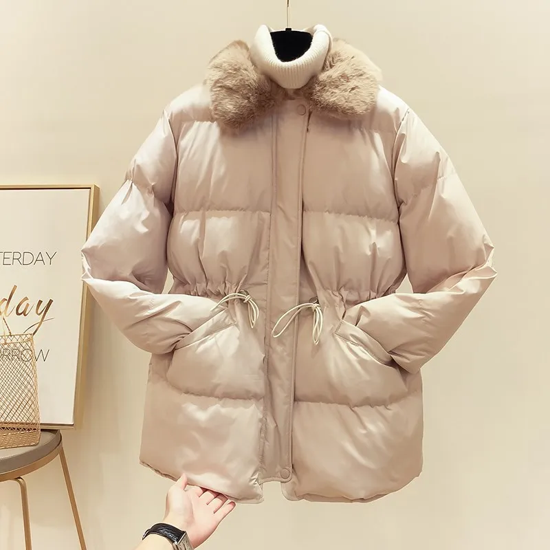 

2018 Winter New Style South Korea Slimming Furry Fold-down Collar Waist Hugging Thick Mid-length down Feather Cotton-padded Clot