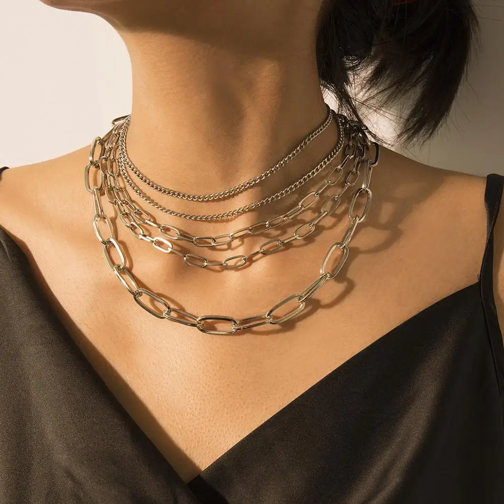 2-Pack Chunky Lock Choker Necklaces - Gold Plated Punk Gothic Layered Chain For Women - View #8