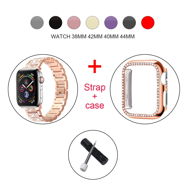 Ремешок+ чехол, металлический ремешок для Apple Watch Series 5, ремешок 40 мм, 44 мм, бриллиантовое кольцо 38 мм, 42 мм, браслет из нержавеющей стали iwatch 4/3/2/1