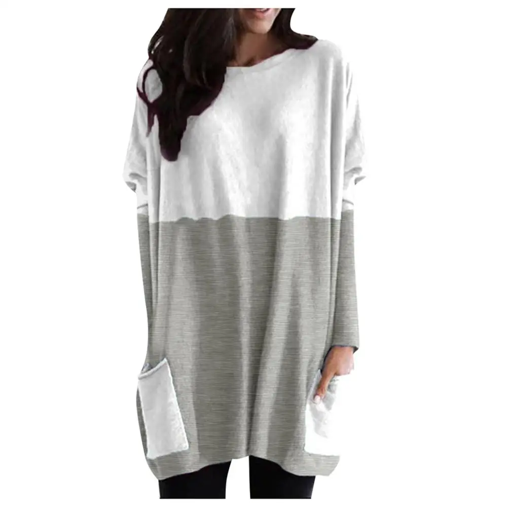 Серый Туника, блузка, 5xl, для женщин размера плюс, Осень-зима, женские блузки с длинным рукавом, свободный карман, Повседневный пуловер, рубашки, большие стильные блузки - Цвет: Серый