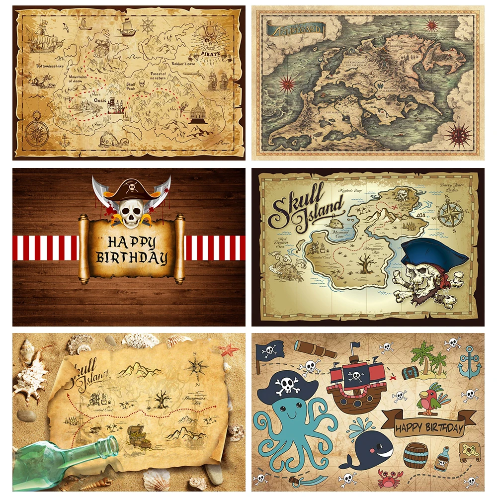 

Laeacco Happy Birthday Party Pirate Skull Wood Board Baby Poster Photography Background Photographic Backdrop For Photo Studio