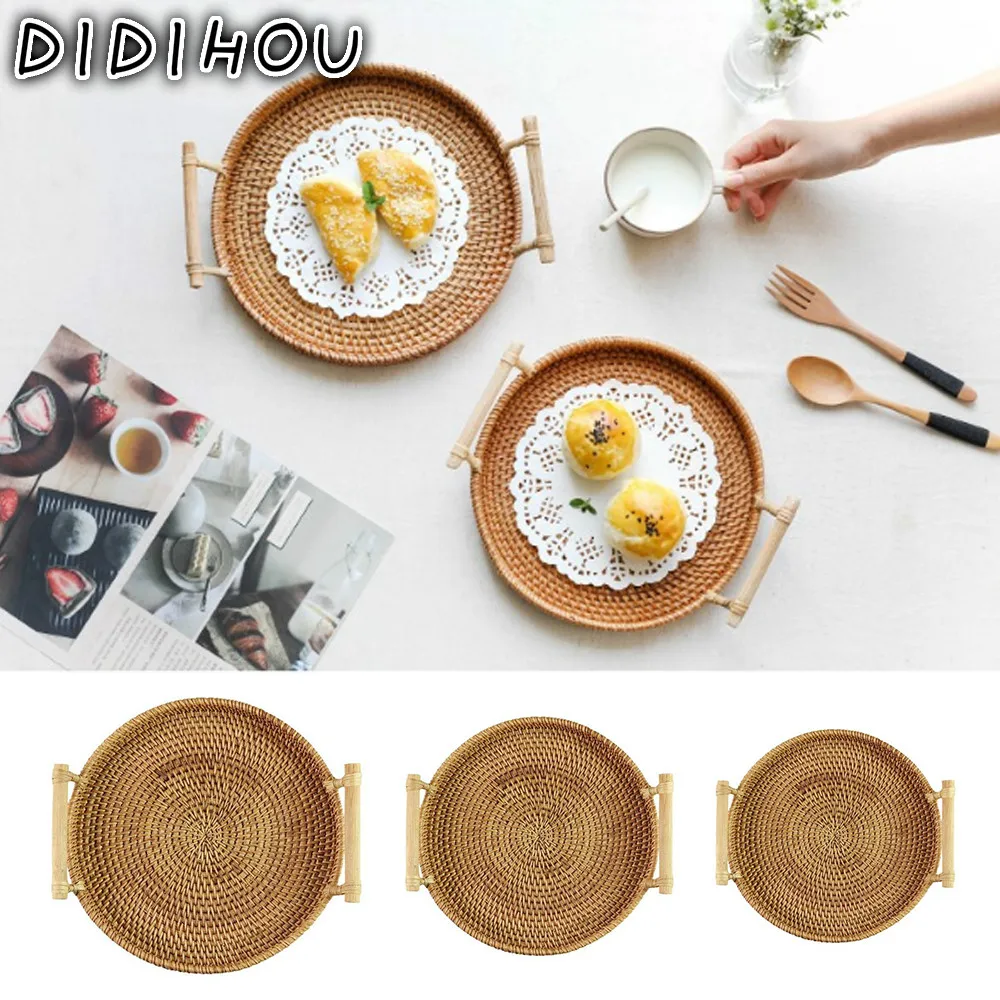 

Rattan Storage Tray, Round Basket with Handle, Hand-Woven, Rattan Tray Wicker Basket Bread Fruit Food Breakfast Display M/L/XL