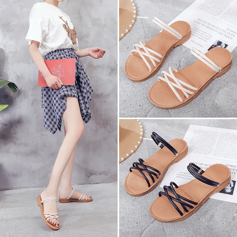 

Double Purpose Soft Bottom Sandals Women's 2019 New Style Korean-style Versatile Seaside Holiday Flat Students Sandals Gladiator
