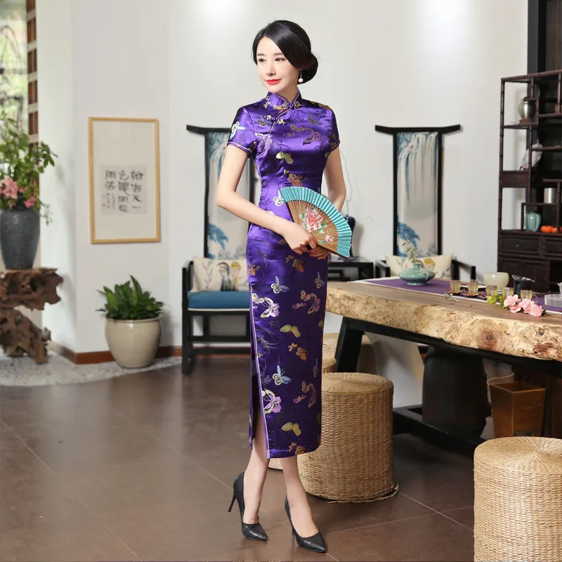Голубое Сексуальное Женское современное платье Qipao атласное элегантное платье с бабочкой большого размера 3XL Cheongsam винтажное традиционное китайское платье на пуговицах