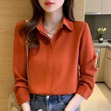 

Solid Women's Shirt Chiffon Blouses for Women Full Sleeve Button Up Tops Polo Neck Woman Blouse Tops Female 2022 Basic Shirts OL
