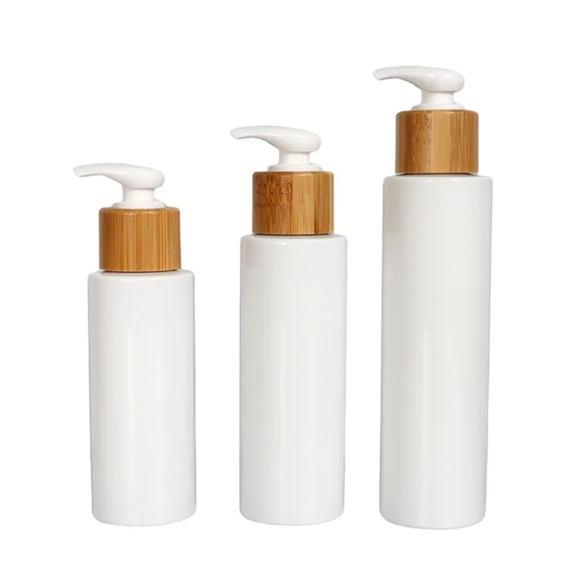 

10pcs White Plastic Shampoo Bottle Bamboo Wood Pump 100ml 120ml 150ml Rim 24mm Cosmetic Packaging Empty PET Round Lotion Bottles