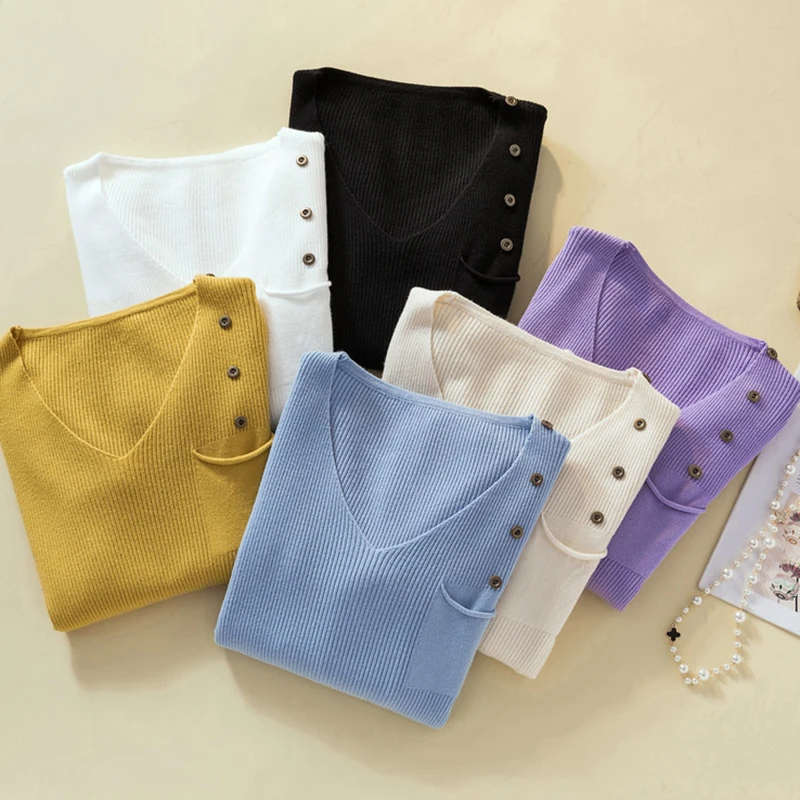 

V Neck Knitted Fashion Womens Sweaters 2019 Autumn Winter Tops Button Pockets Pullover Jumper Pull Femme Hiver Truien Dames
