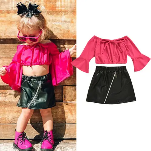 0-5Y Toddler Kids Baby Girls Clothes Sets Long Fly Sleeve Tops T-Shirt PU Leather Skirt Outfits Summer |