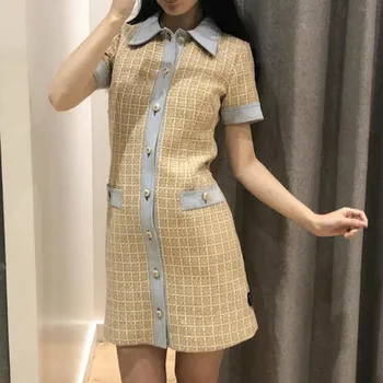 

Women Dress Tweed Denim Stitching Short-sleeved Dress Women