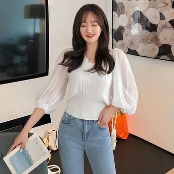 

Women Blouses Autumn Winter Solid Color V-neck Knit Shirt Slim Base Korean Style Fashion Pullover Tops