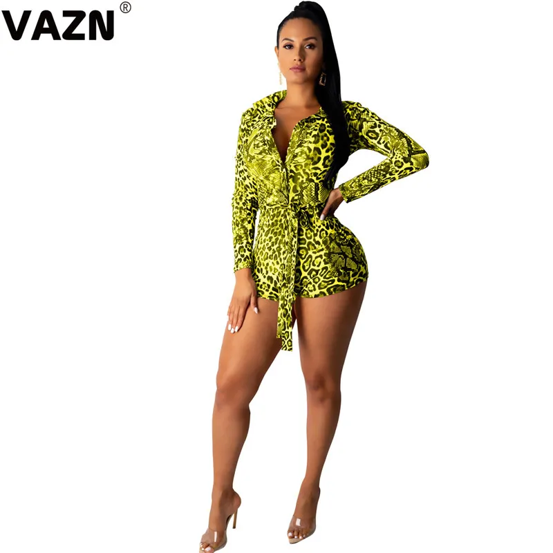 VAZN GMOS1962 high quality v-neck leopard women jumpsuit long sleeve short pant playsuits sexy club bandage wind rompers