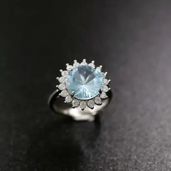 

15MM Round Faceted Sky Blue Topaz Gemstone on 925 Sterling Silver Adjustable Ring with Cubic Zirconia Surrounding 6230036
