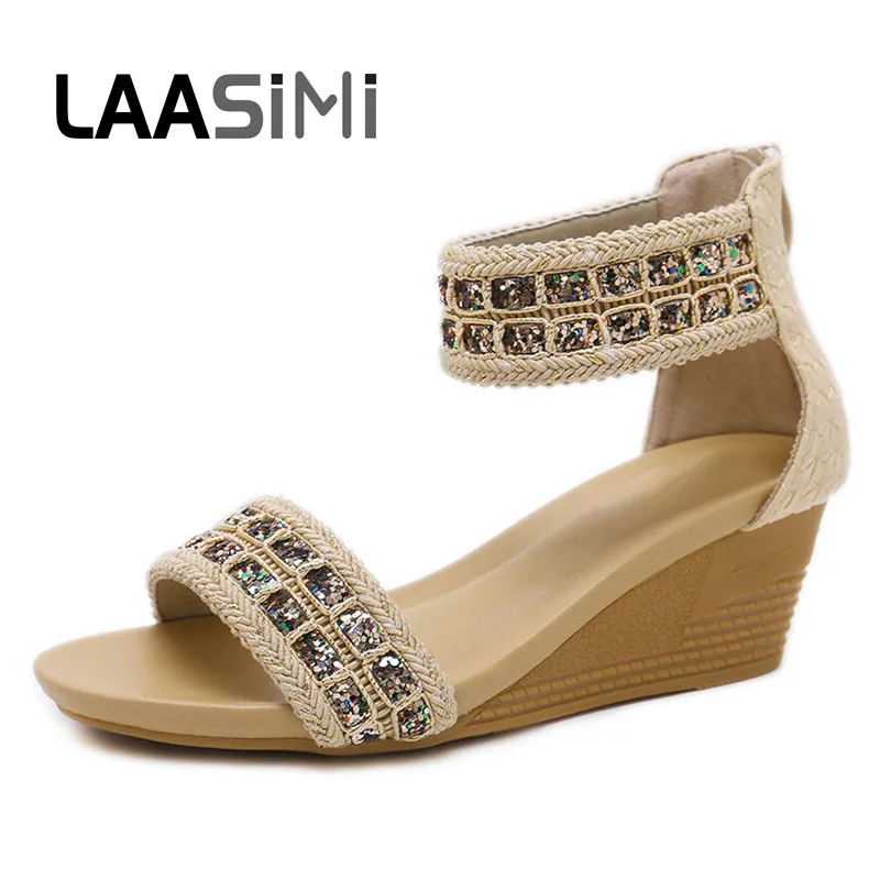 

LAASIMI Women Rhinestone Sandals Fashion Summer Wedge Sandals Women Zip Casual Slip On Summer Single Flat With Shoe Ladies Shoes