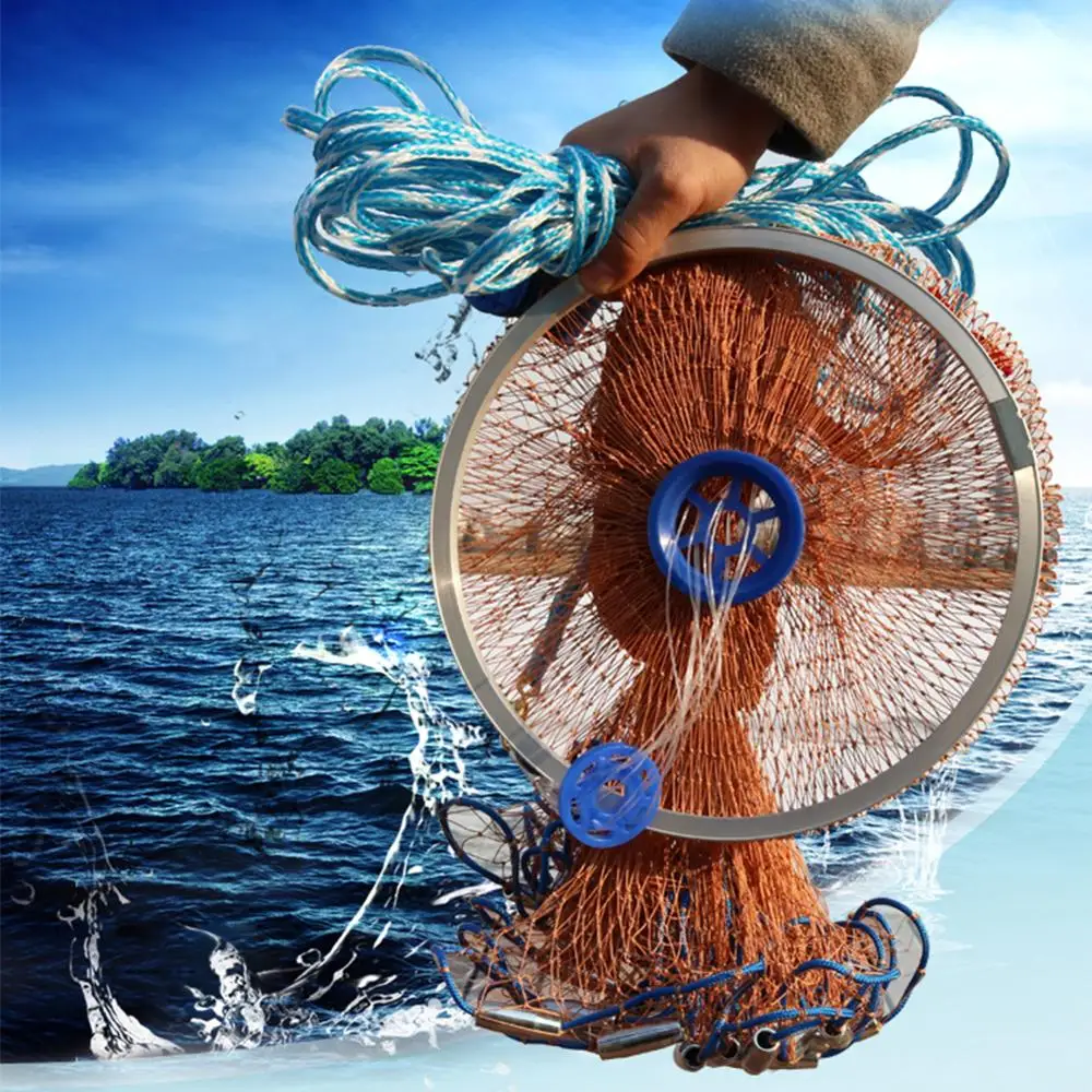 Yeahmart Upgraded Hand Cast Net Easy Throw Fly Fishing Net 240/360cm Fishing Network Tool Small Mesh Strong Nylon Line +Sinker