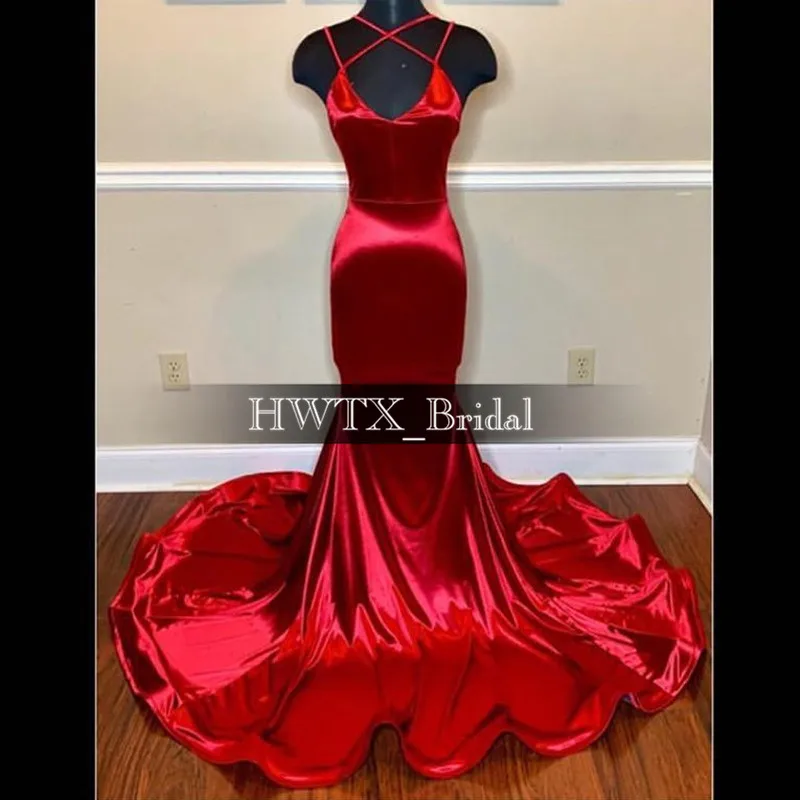 

Simple Red Mermaid Prom Dresses 2020 Real Photo Spaghetti Straps Satin Long Formal Party Prom Dress Gown Made Custom Plus Size