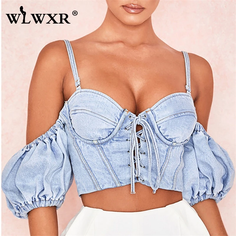 WLWXR джинсовый сексуальный облегающий укороченный Топ для женщин camis, с широкими линиями ремень джинсы для женщин топ на бретелях Женская молния открытая повязка летние топы