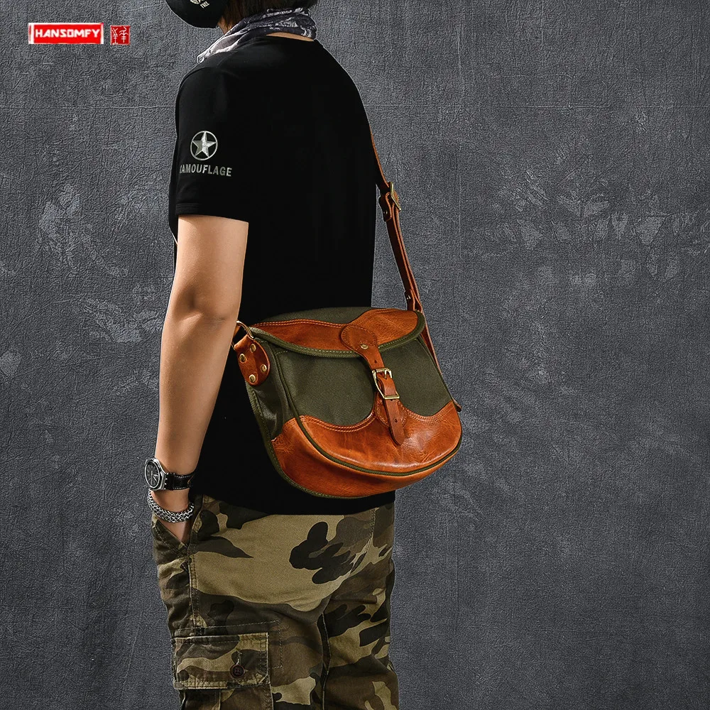 

Retro Men Shoulder Messenger Bag Men's Universal Small Bag American Thickened Oil Wax Canvas Stitching Vegetable Tanned Leather