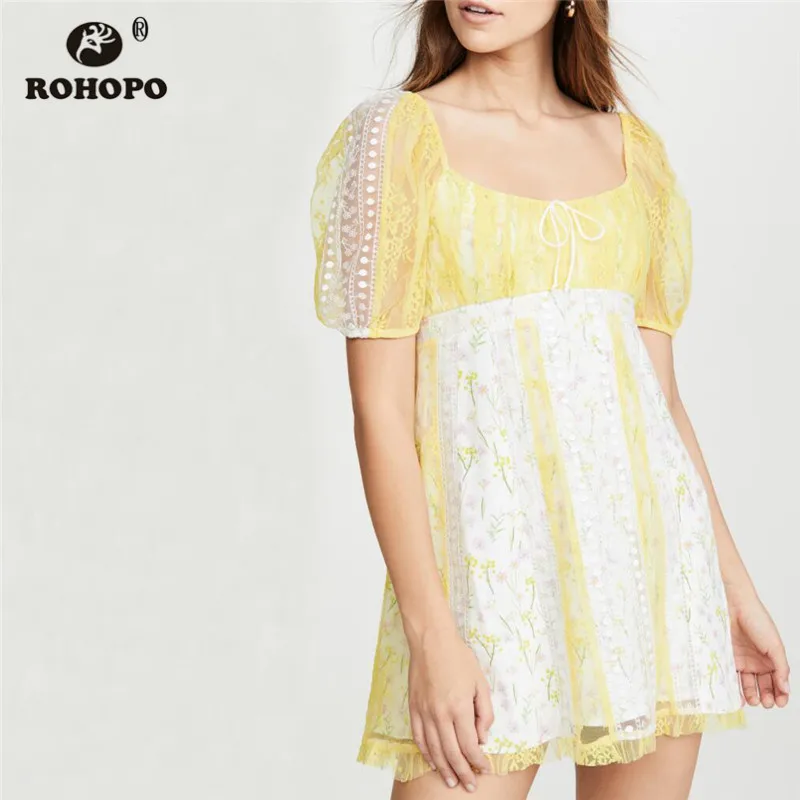 ROHOPO, Двухслойное, женское, с вышивкой, шикарное, милое платье, сетчатый слой, с принтом, подкладка, кружево, пэчворк, опрятный, для девушек, вечерние, Vestido#7354