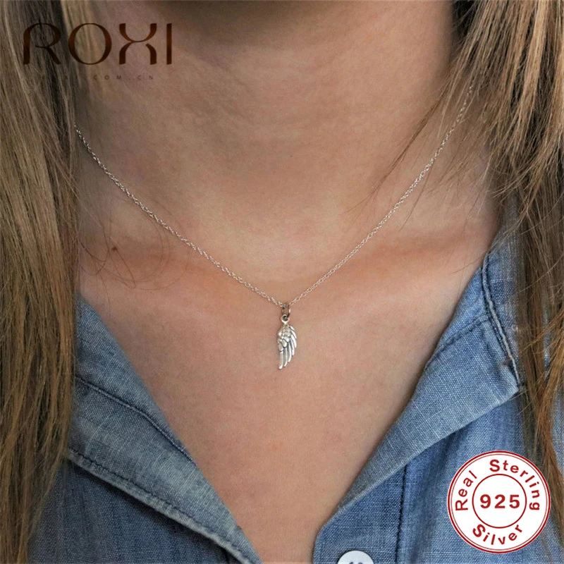 ROXI 925 пробы Серебряное ожерелье для женщин в стиле панк Ангел-хранитель с крыльями ожерелье s& Подвески длинное массивное ожерелье ювелирные изделия