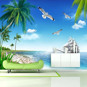

Custom Photo Mural Maldives Seascape Coconut Tree Sailboat 3D Wall Paper For Living Room TV background Decor Wall Covering Mural