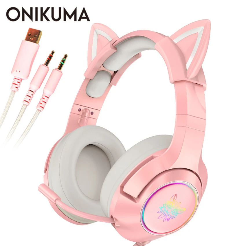 ピンク猫耳ヘッドセット女の子casque有線ステレオゲーミングヘッドフォンマイク Ledライト Ps4 Xbox Oneコントローラ Headphone Headset Aliexpress