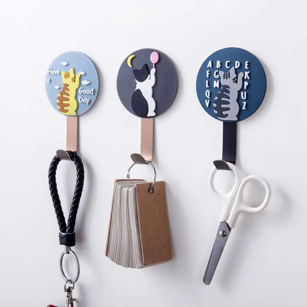 1PC Cat Printed Seamless Adhesive Hook Key Holder Stainless Steel Keys