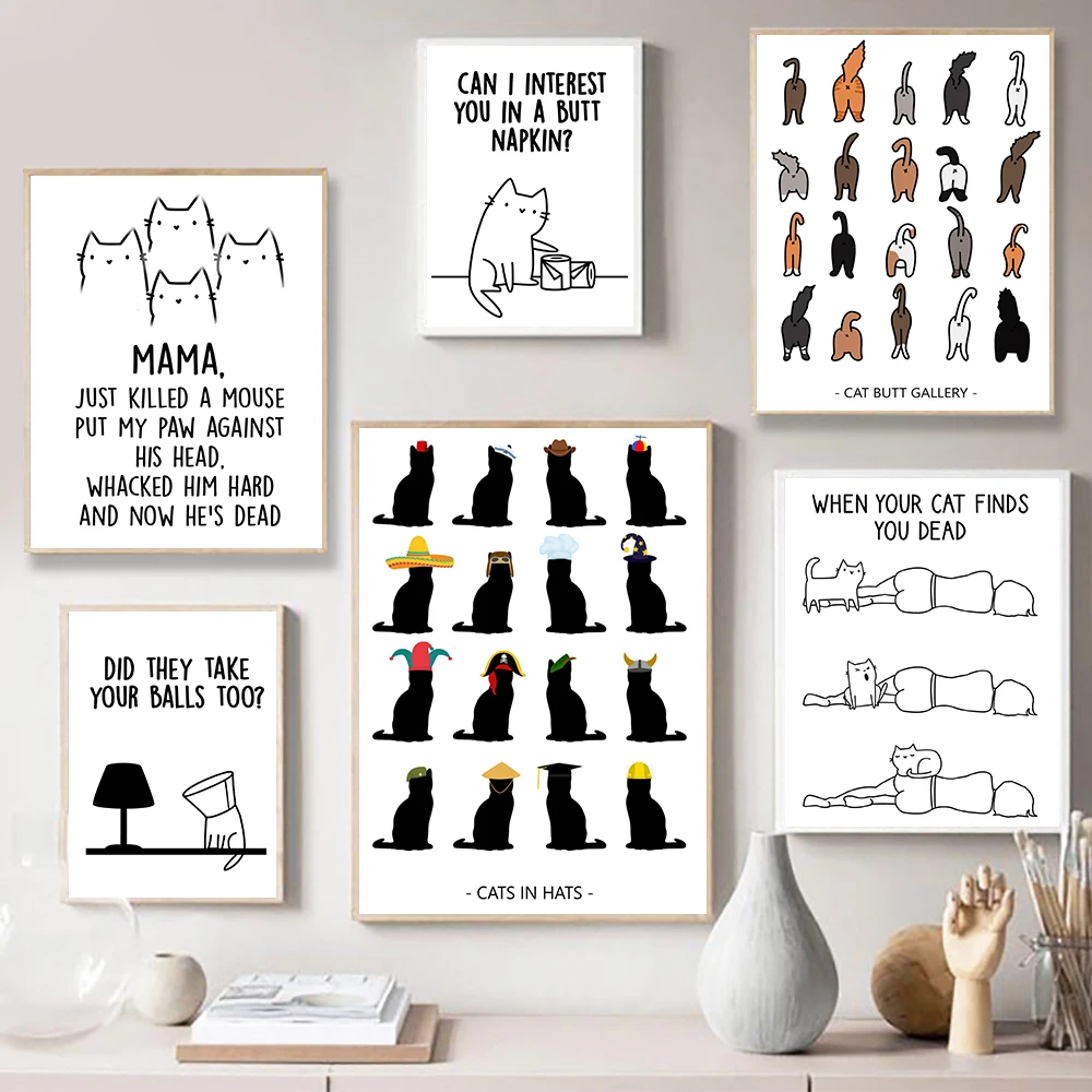 

Cat Butt Napkin Wall Art Canvas Painting Funny Bum Posters and Prints House Warming Gift Cats Black White Pictures Home Decor