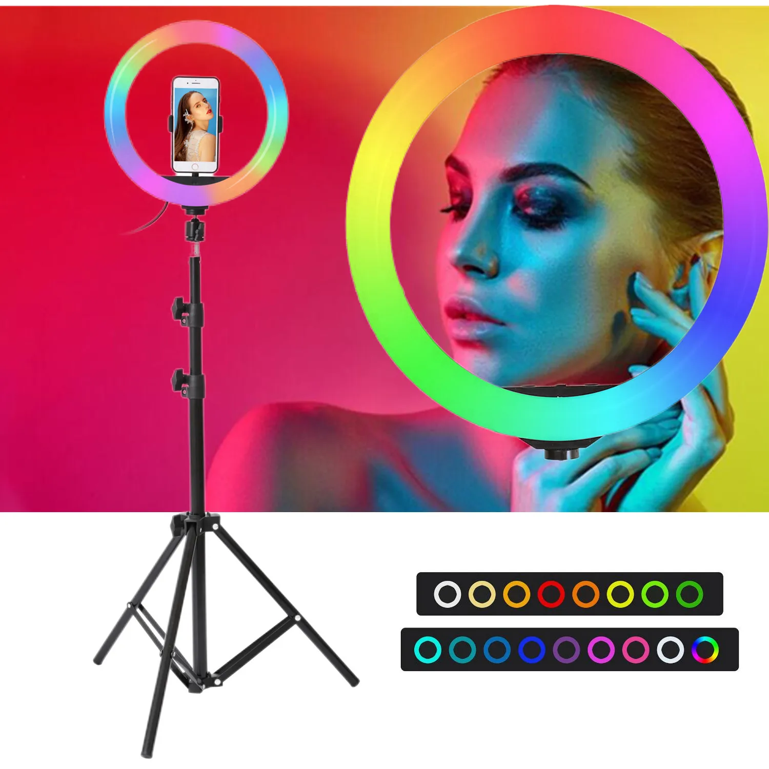 Anillo de luz LED para Selfie, 26cm, 33cm, RGB, con soporte, trípode de fotografía, estudio, anillo con luz para teléfono, TikTok, Youtube, maquillaje, vídeo, Vlog