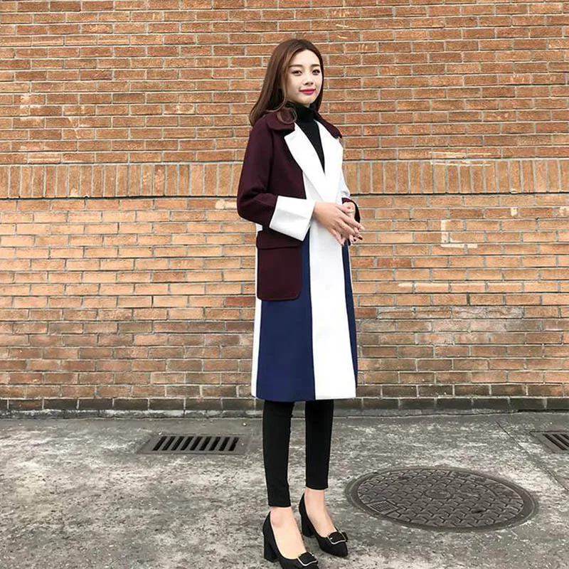 New Warm Contrast Color Wool Coat Women Long Sleeve Turn-down Collar Outwear Jacket Casual Autumn Winter Elegant coat female