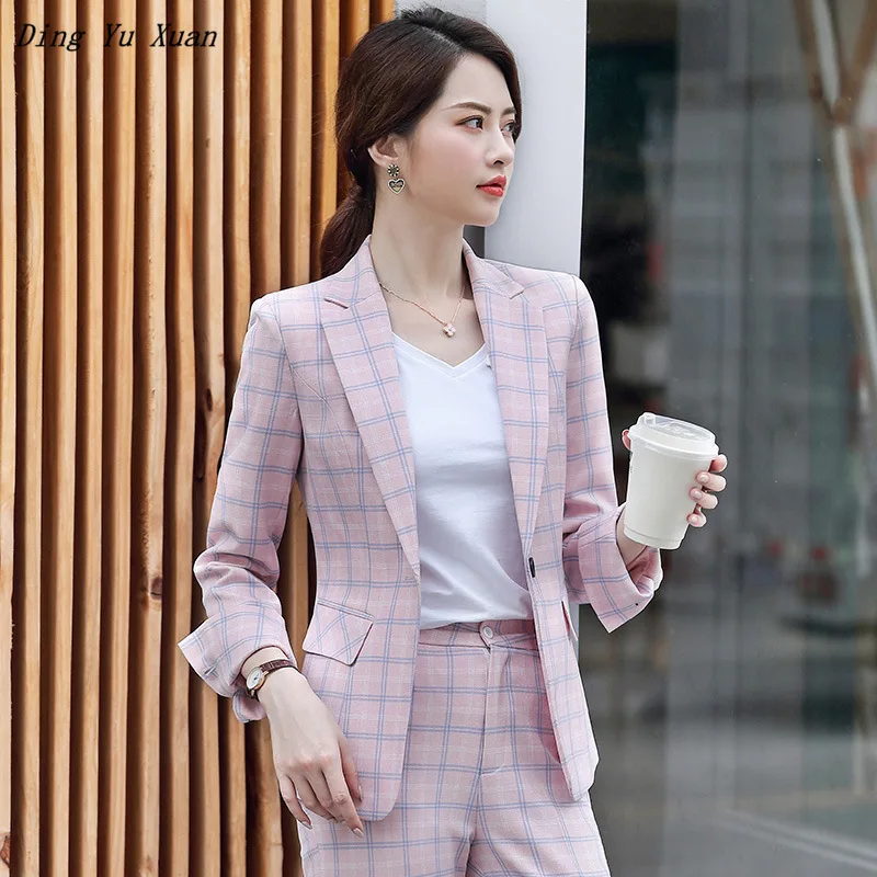 2020 Womens Formal Pants Suit for Work Women 2 Piece Office Suits Slim Blazer with Pants Elegant Pink Grey Plaid Pantsuit Woman