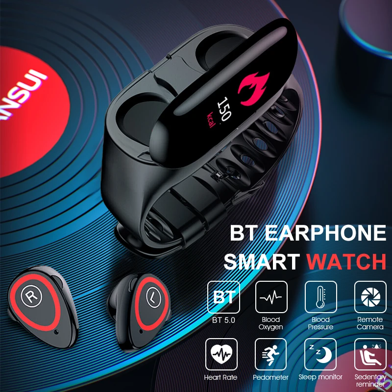 VTIN 2 в 1 стерео двойные Bluetooth наушники беспроводные наушники и сердечного ритма кровяное давление Смарт часы для IOS Android