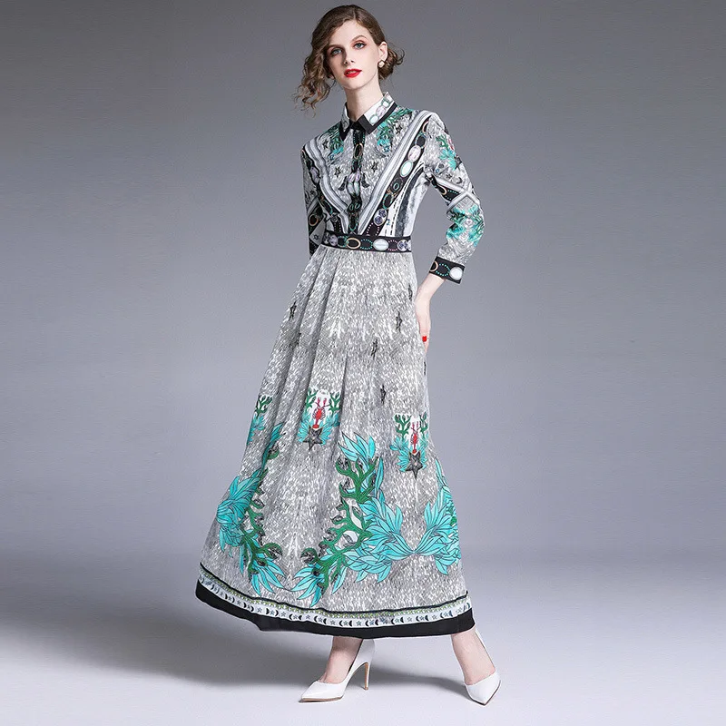 

7906 # Europe And America Versitile Fashion Waist Hugging Slim Fit Slimming Positioning Floral Printed Dress