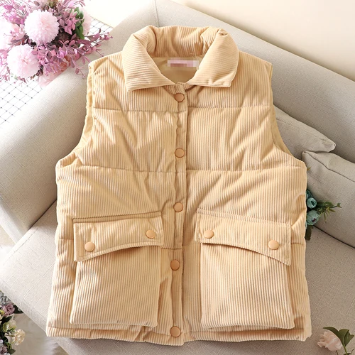 Corduroy Vest Women Fall Winter Cotton Coat New Korean Version Short Corduroy Stand Collar Waistcoat Big Pocket Vest - Цвет: Цвет: желтый