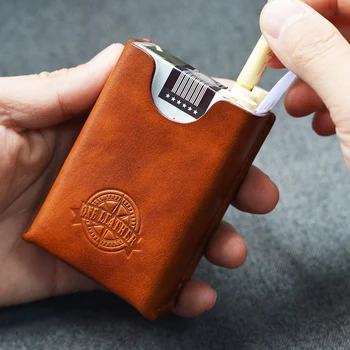 

Holds 20 Elegant Creative Genuine Leather Cigarette Case Individuality 2 in 1 Portable Smoking Accessories Small Gadget for Men