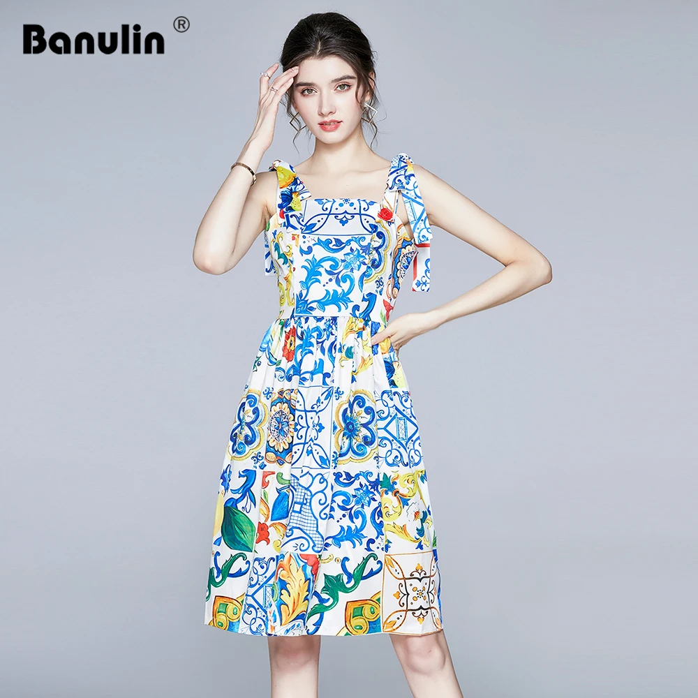 

Fashion Runway Summer Dress Women's Bow Spaghetti Strap Backless Blue and white porcelain Floral Print Mini Cotton Dress