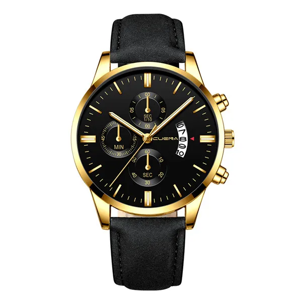 Men's Watch Fashion Sport Stainless Steel Case Leather Band Quartz Analog Wrist Watch Men Masculino Relogio Watch Clock - Цвет: gold black