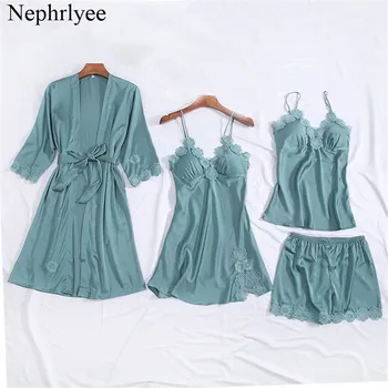 

Women Pajamas Satin Sleepwear Pijama simulated Silk Home Wear Home Clothing Sleep Lounge Pyjama with Chest Pads