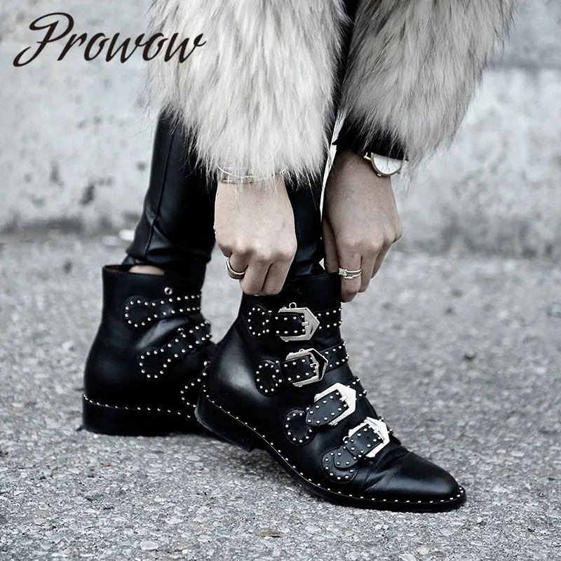 

Prowow New Black Genuine Leather Metal Studded Ankle Boots Round Toe Buckle Strap Low Heel Punk Boots Shoes Women