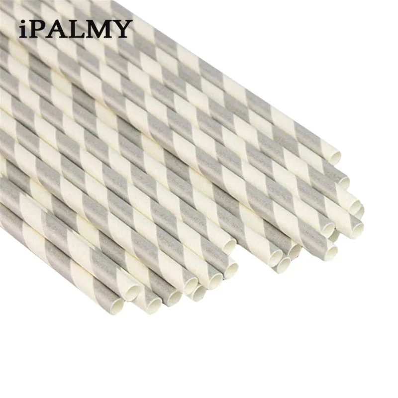 ipalmay 100pcs Eco-friendly Biodegradable Stripe Straws Rose Gold Silver Foil Gold Paper Drinking Straws for Party Decorations