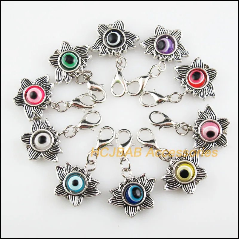 

10 New Lotus 17x19mm Charms Mixed Eye Resin Tibetan Silver Plated Retro With Lobster Claw Clasps