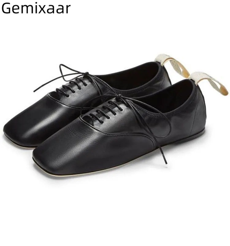 

Woman Shoes Home Genuine Leather Elegant Square Toe Cross Lace Up Loafers New Autumn Concise Black White Flats Women Shoes Ladie