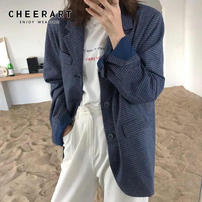 CHEERART клетчатый Повседневный Блейзер женские синие корейские блейзеры и куртки с разрезом сзади Классический Клетчатый свободный Блейзер осень