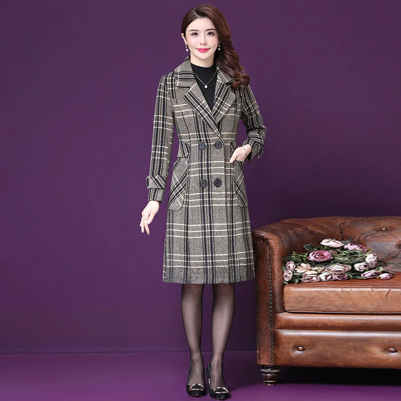

2019 New Style Woolen Overcoat Middle-aged WOMEN'S Apparels Plaid Mid-length over-the-Knee Thick Woolen Jacket Women's Mom