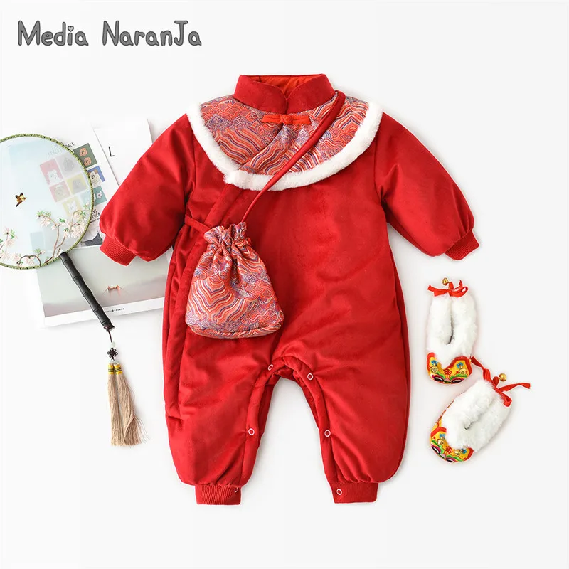 Hanfu/Детский комбинезон на год для маленьких девочек; стеганый теплый комбинезон с вышивкой+ бумажник для малышей; зимняя одежда для близнецов